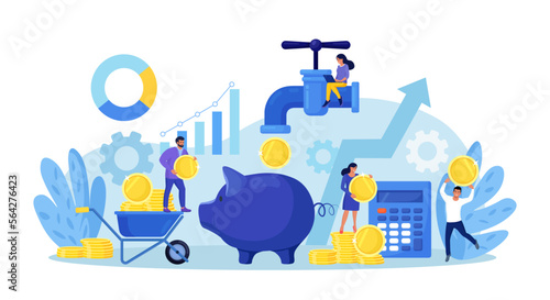 Money flow. Cash coin flowing from water tap into piggy bank. Passive income to reach financial freedom. Financial growth, business development. Investment and profit increase. Fund raising, bank loan