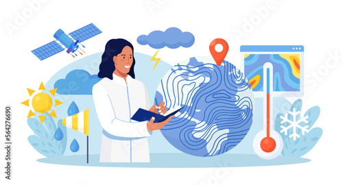 Meteorology, geophysics science. Meteorologists studying, researching climate condition. Weather forecaster predict weather with satellite service, met station and space engineering. Planetary science