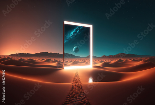 A surreal night desert landscape. Abstract sand dunes reflected in a square mirror. Yellow neon light, starry sky. A gateway to a parallel world. An immersive reality. 3D rendering. AI generated