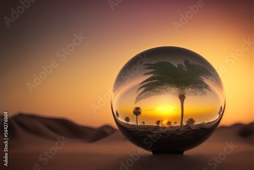 Transparent glass ball against a beautiful desert sunset. Palm trees and sand dunes reflected in a magical sphere. 3D illustration. Generative AI