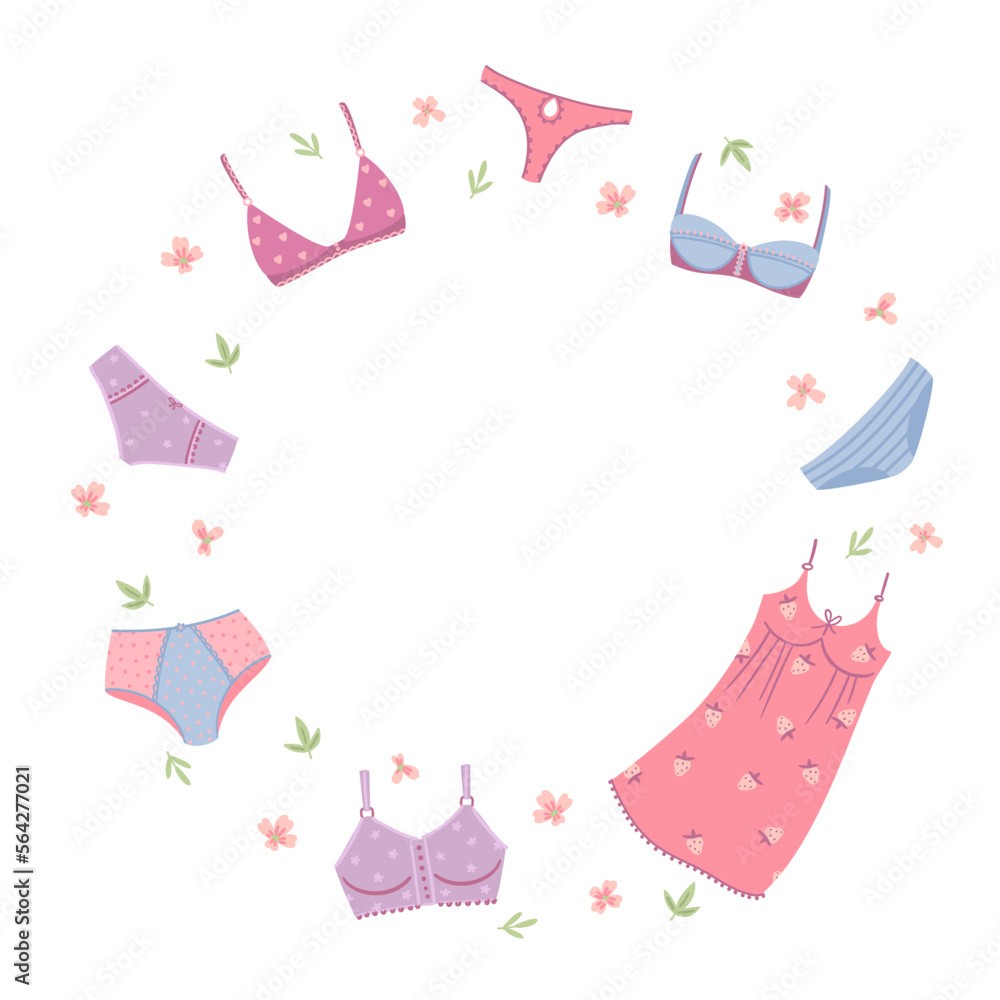 Round frame with womens underwear. Vector design concept for International Women s Day and other