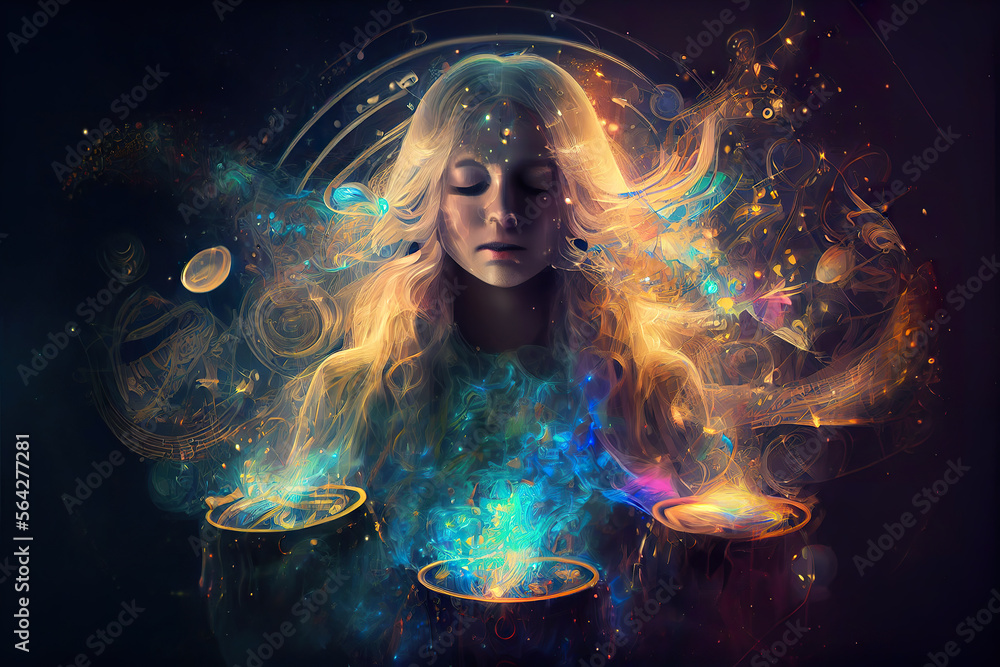 woman at night in Sound healing therapy and yoga meditation and reiki healing  uses aspects of music to improve health and well being can help your meditation and relaxation  generative ai        