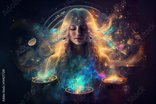 woman at night in Sound healing therapy and yoga meditation and reiki healing  uses aspects of music to improve health and well being can help your meditation and relaxation  generative ai    