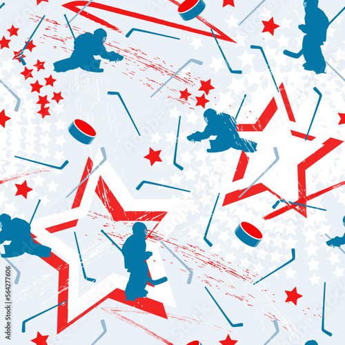 Sport pattern with a hockey goalkeeper who catches the puck. Red stars. Dynamic seamless background.