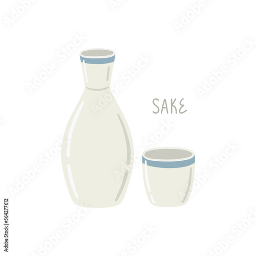 Japanese traditional sake bottle and sake cup. Asian alcohol drink. Vector clipart.