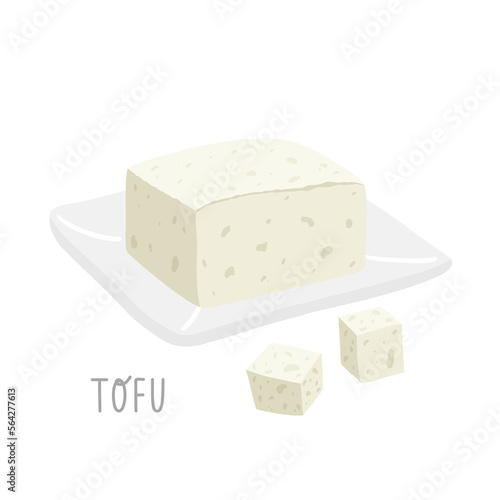 Tofu on ceramic plate. Traditional ingredient of asian cuisine. Vector clipart.