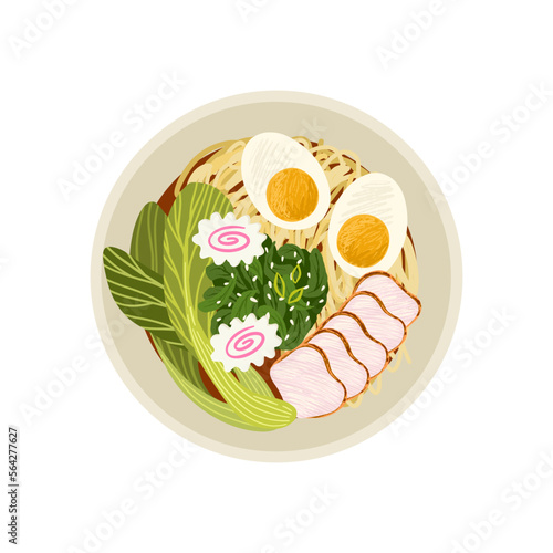 Ramen with noodles, eggs, pork  and komatsuna. Traditional asian cuisine. Flat lay. Vector clipart.