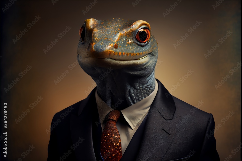 Portrait of a Salamander dressed in a formal business suit. Generative AI Portrait of a Salamander dressed in a formal business suit. Generative AI
