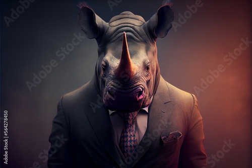 Portrait of a rhinoceros dressed in a formal business suit. Generative AI