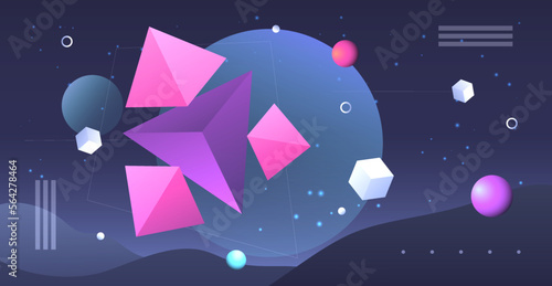 Abstract planets on a background of wireframe geometric shapes. Abstract drawing of the future, science fiction and astronomy.