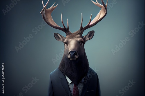 portrait of an elk dressed in a formal business suit. Generative AI
