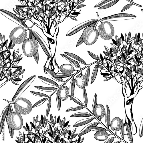 Olive tree vector background. Black contoured twigs with leaves and olive fruit. Natural olive oil ingredient seamless pattern. Healthy food plant design for print or packaging