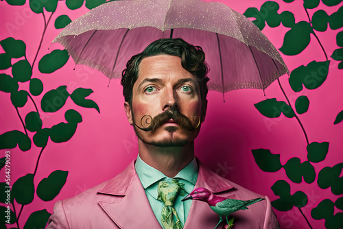 Portrait of an English gentleman with a mustache and pink suit next to a colorful bird and with an umbrella on his head. Pink background with green leaves. Generative AI photo