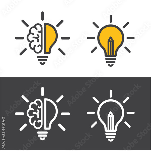 Set of light bulb and part of a human brain - symbol of creativity, creative idea, mind, thinking.