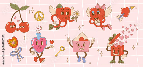 Set trendy groovy valentines day with retro cartoon characters in 60s - 70s style. Vintage comic vector