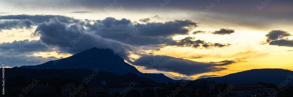 the Sainte Victoire mountain in the light of a cloudy winter morning