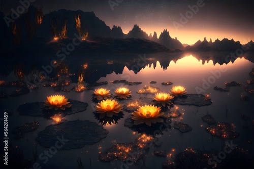 CG rendering of a lotus lake. long floating golden lotus on the water with crystal light effects photo