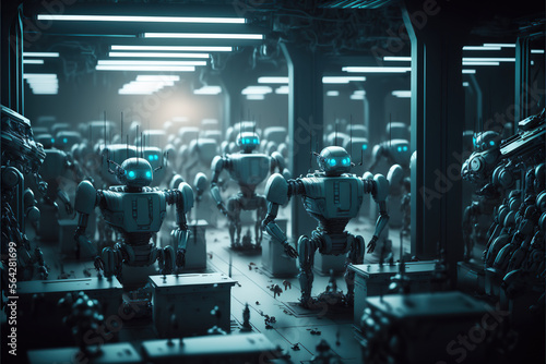 A futuristic technology image showing a room full of robots working side by side with humans.