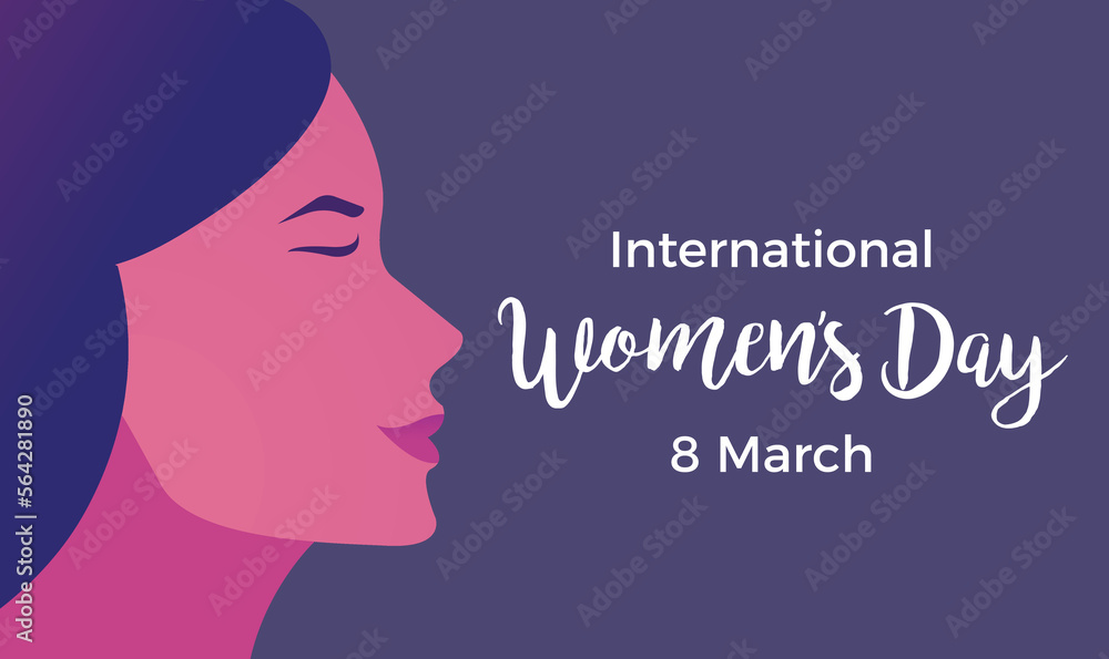 8 march background design. Happy international women's day vector web banner. Graphic illustration with woman's face silhouette. Calligraphic text
