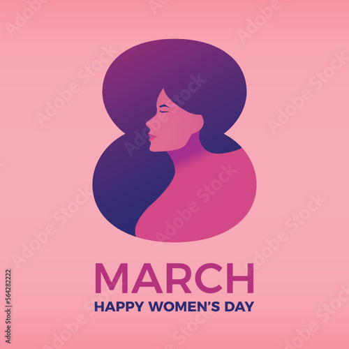 8 march background design. Happy international women's day vector web banner. Graphic illustration with woman's face silhouette inside number 8. Calligraphic text