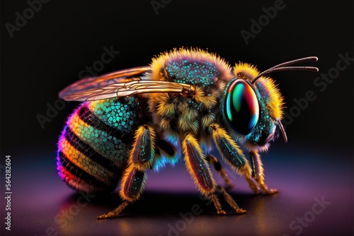 bee, honey, close up, bee, macro, nectar, insect, nature, yellow, pollen, photo, macro photography, bug, closeup, studio lighting, neon, rgb, glamour, glitter, generative ai, generative, ai, wing, clo