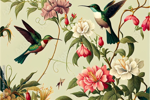 Vintage floral pattern with hummingbirds. Generative AI