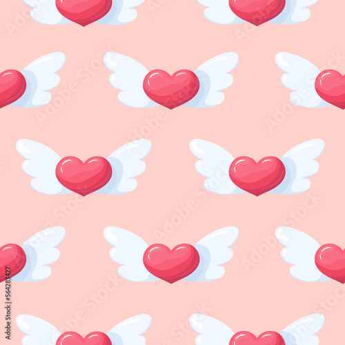 Seamless pattern of cute pink hearts with wings. Background for Valentine's day.