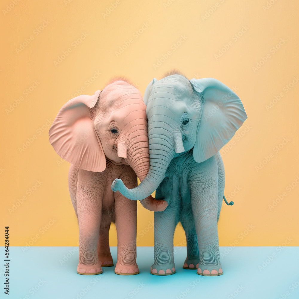 Animal pastel love concept, wild animals loving and hugging each other, two beautiful elephants. Valentine's Day in the animal world. Illustration, Generative AI.