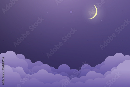 night sky with stars and moon. paper art style. Dreamy background with moon stars and clouds, abstract fantasy background. Half moon, stars and clouds on the dark night sky background.