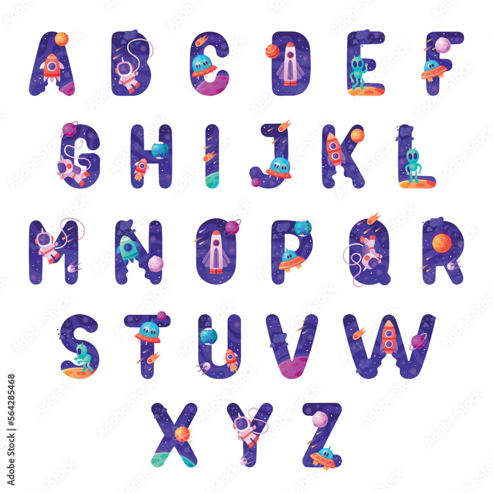 Space Font and Alphabet with Cosmic Capital Letters Vector Set