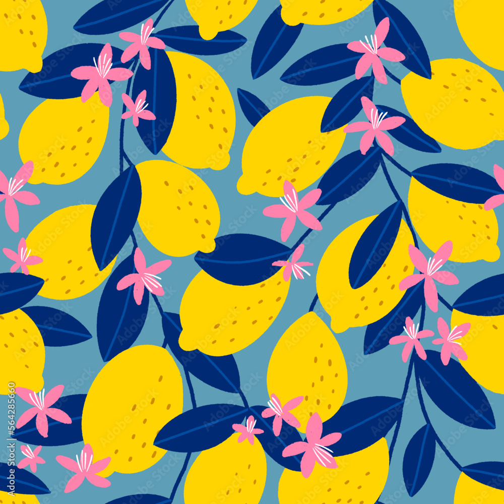 Lemon tree seamless pattern. Yellow blight fruits with cute pink blossoms and blue leaves. Colorful retro summer floral print for kitchen textile. Vector illustration with textured lines.
