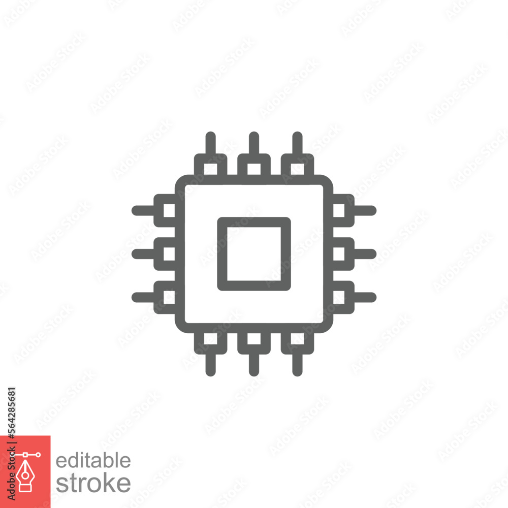 Microchip icon. Simple outline style. Computer processor, chip, tech logo, electronic, technology concept. Line symbol vector illustration design isolated on white background. Editable stroke EPS 10. Microchip icon. Simple outline style. Computer processor, chip, tech logo, electronic, technology concept. Line symbol vector illustration design isolated on white background. Editable stroke EPS 10.