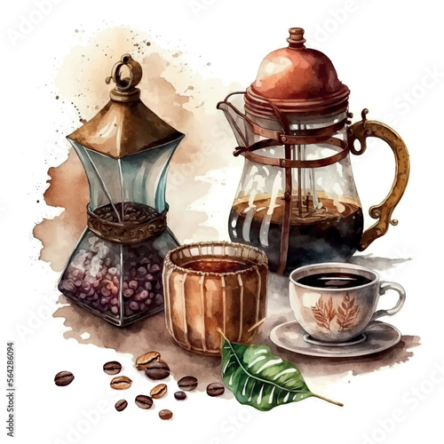 Set of watercolor painting craft package with coffee beans, coffee grinder, coffee maker and spices cinnamon, cloves. Black coffee or cappuccino. Hot drink for breakfast. Refreshing drink. Isolated