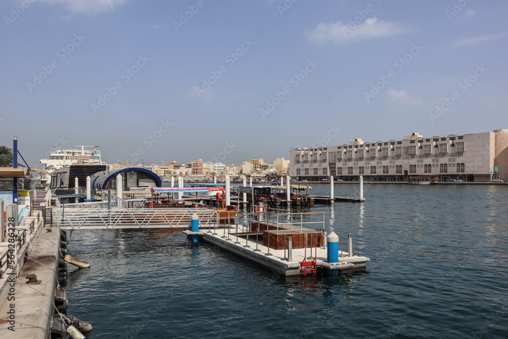 Dubai, United Arab Emirates - 28.04.2022 : Canal in Dubai and view of Deira, old city area