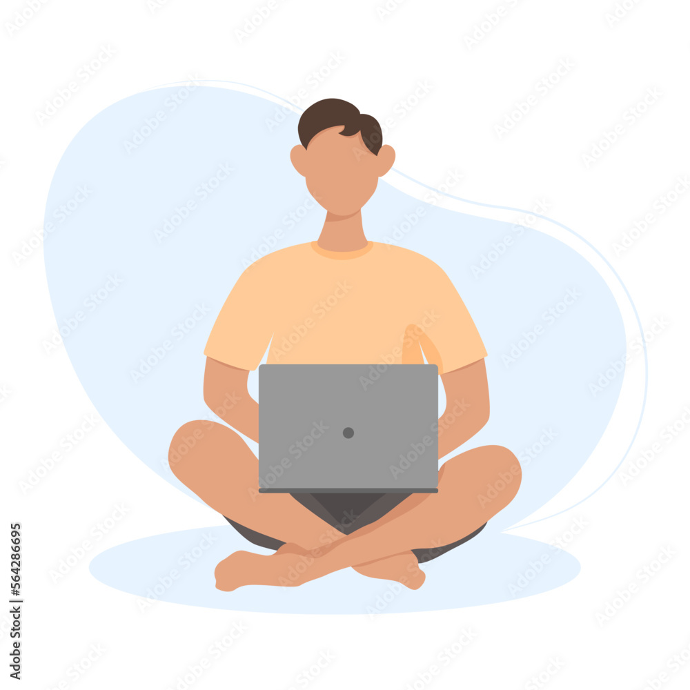 Man sitting with laptop. Freelance, online studying, work from home concept. Vector illustration in flat style.