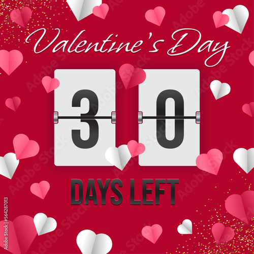 Valentine's Day - 30 days left (vector analog countdown timer on red background with paper folded hearts)