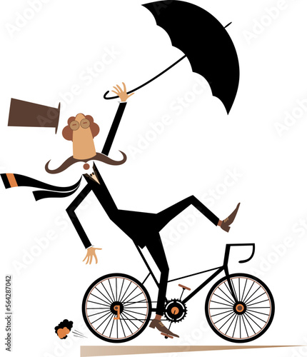 Rainy and windy day and man rides a bike illustration. Strong wind and rain. Cycling long mustache man in the top hat loses his hat and umbrella. Isolated on white background