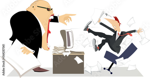 Angry boss and employee. 
Angry chief scolds his frightened employee falling from the chair
