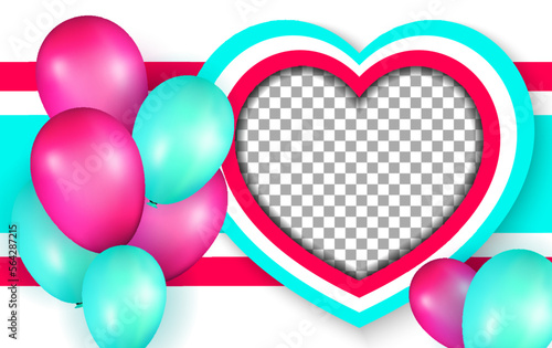 Pink and cyan balloons vector with herat shape with space for own photo premium vector