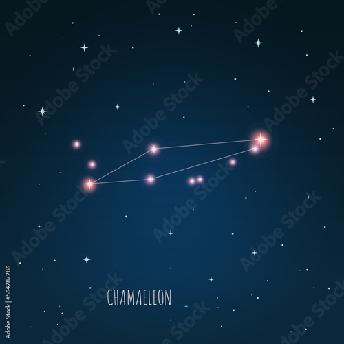 Constellation Chamaeleon scheme in starry sky. Open space. Vector illustration, constellation  through a telescope