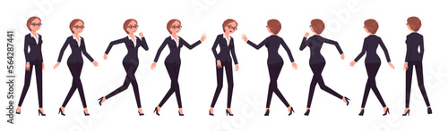 Attractive businesswoman set, different walk, run poses. Office girl, female manager workwear chic jacket pants outfit for work occasion. Vector flat style cartoon character isolated, white background