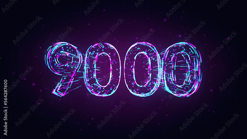Futuristic Purple Blue Shiny Number 9000 3d Lines Effect And Square Dots Particles On Dark Purple Glitter Dust Background