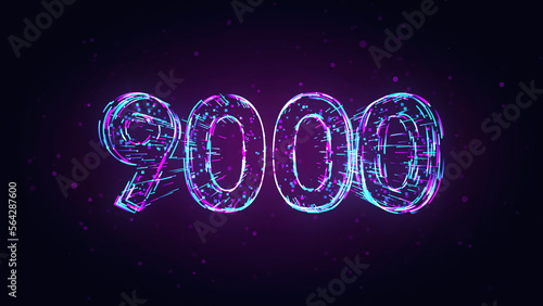 Futuristic Purple Blue Shiny Number 9000 3d Lines Effect And Square Dots Particles On Dark Purple Glitter Dust Background