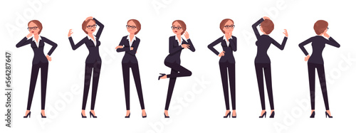 Attractive businesswoman set, negative emotion poses. Office girl, female manager workwear chic jacket pants outfit for work occasion. Vector flat style cartoon character isolated, white background