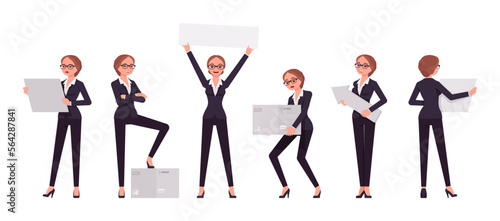 Attractive businesswoman set, holding objects pose. Office girl, female manager workwear chic jacket pants outfit for work occasion. Vector flat style cartoon character isolated, white background