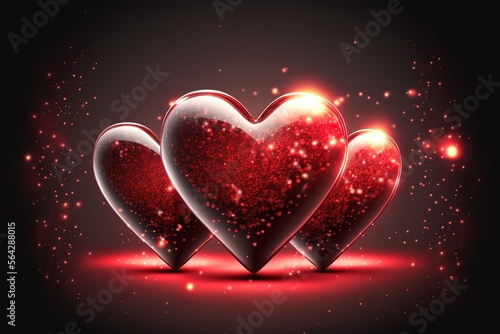 Glowing blurred hearts with red glitter. Romantic Valentine s Day Background