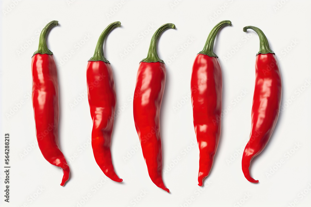 A set of five fresh whole red chili peppers highlighted on a white background. With a clipping contour. A set of five fresh whole red chili peppers highlighted on a white background. With a clipping contour.