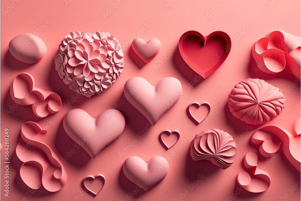 Red hears background, paper cut romantic concept, top view. Beautiful cute hearts on pastel pink table flat lay composition. Valentines Day greeting card concept. Mothers Day anniversary design