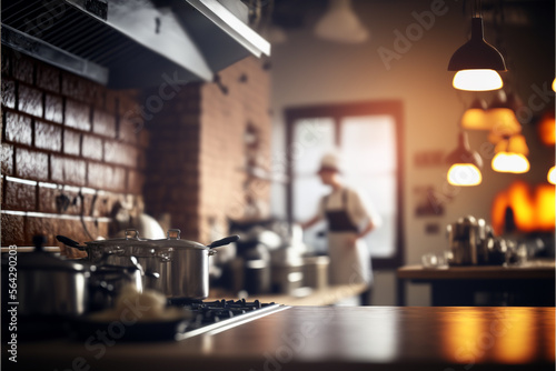 professional kitchen with cooks in the background working, generative ai.