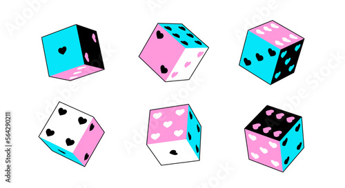 Heart dice icons set in trendy y2k neon retro design. Valentine's day concept in 90s, 00s aesthetic. Vector sign isolated on white background. 